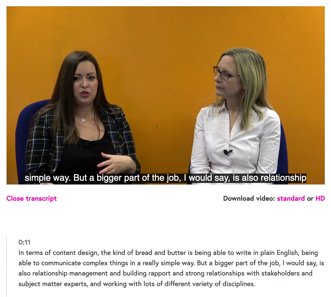 Example of video with two people talking and the transcript displayed below