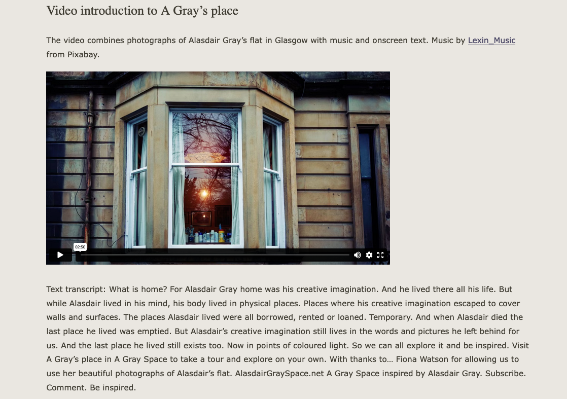 Screenshot of Video introduction to A Gray's place showing full transcript