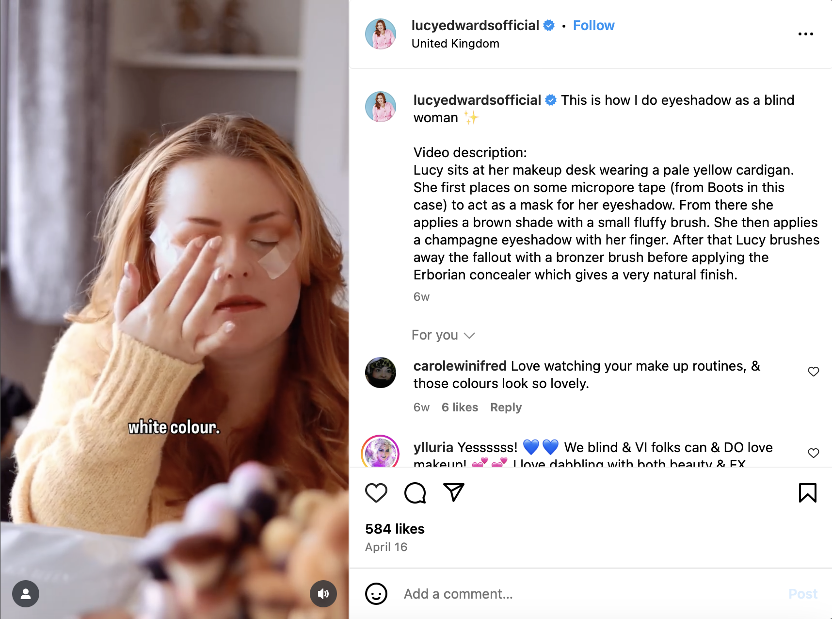 Instagram video on desktop with transcript in the comments feed