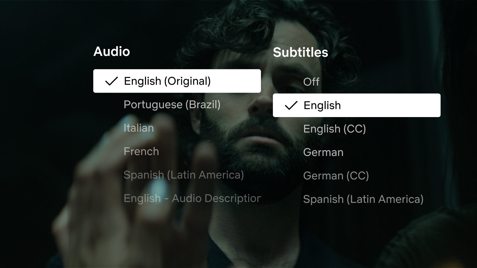Screenshot from Netflix showing caption setup menu