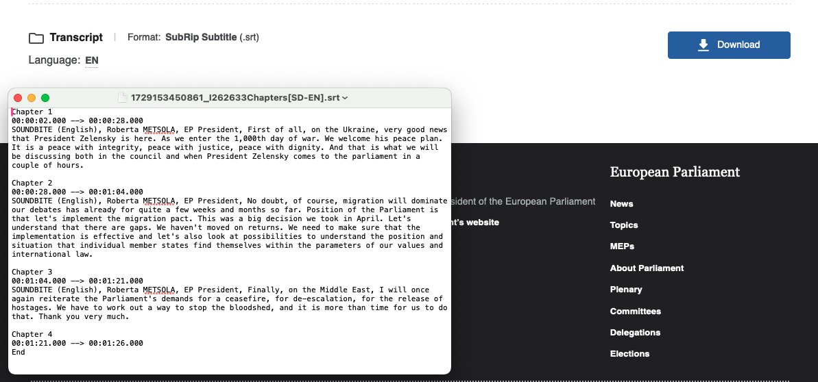 Example of European Parliament's multimedia centre showing transcript